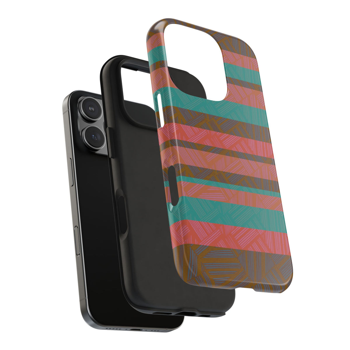 Striped Tribal Tough Phone Case — Retro Teal & Coral Protective Cover displayed with an open camera cutout and flexible liner of a fractyl shockproof iphone 17 pro case