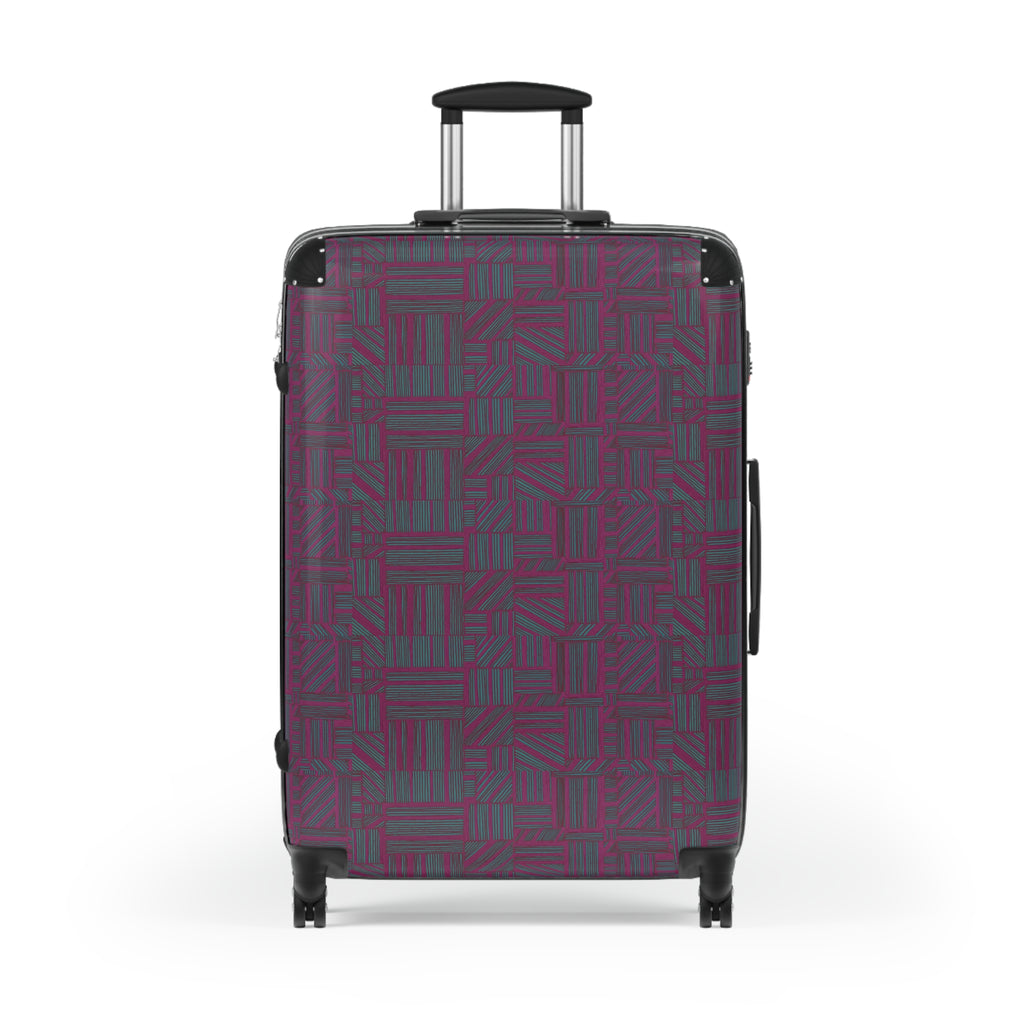 Geometric Plum Carry-On Suitcase – Stylish Patterned Rolling Luggage, detailed front view of an expandable carry on suitcase featuring a bold plum geometric design and adjustable handle.