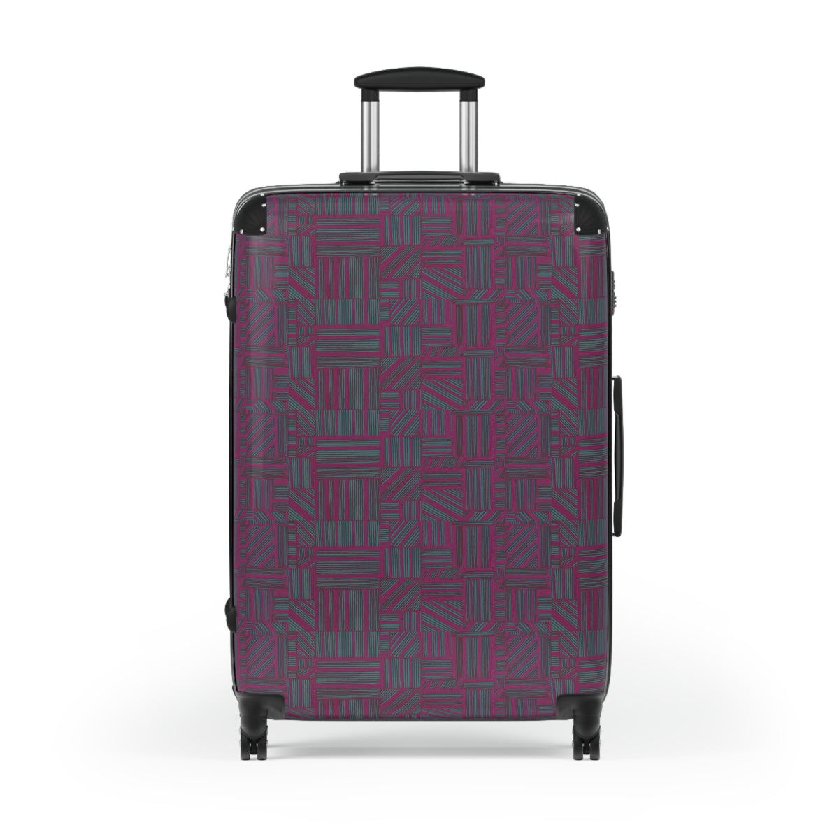 Geometric Plum Carry-On Suitcase – Stylish Patterned Rolling Luggage, detailed front view of an expandable carry on suitcase featuring a bold plum geometric design and adjustable handle.