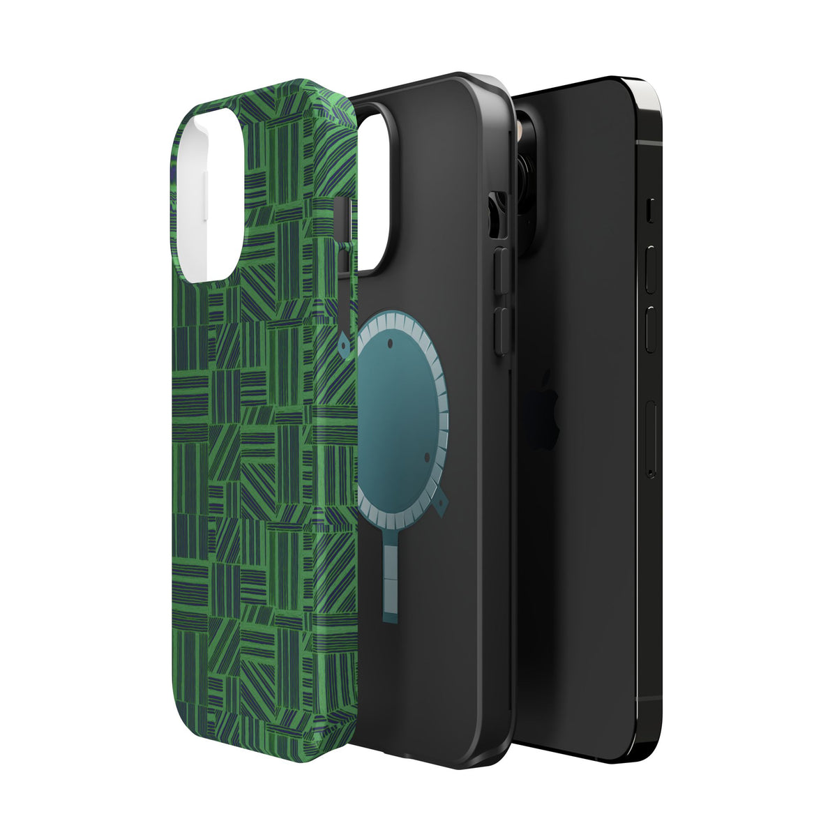 Green Magnetic Phone Case — 2-Layer Geometric MagSafe-Compatible Impact-Resistant Cover, green magnetic phone case- price match with CASETiFY and Casely, exploded protective phone case design.
