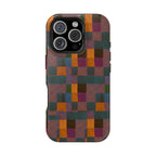 Impact-Resistant Phone Case — Retro Checkerboard Pattern, Fractyl wireless charging iphone 18 pro case with a retro quilt-style pattern in forest green and burnt orange.