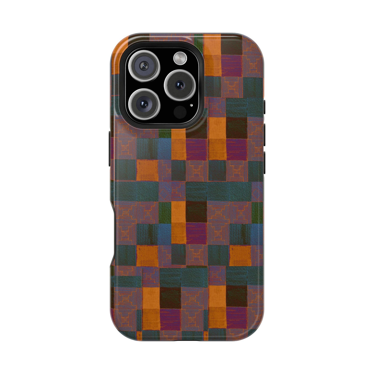 Impact-Resistant Phone Case — Retro Checkerboard Pattern, Fractyl wireless charging iphone 18 pro case with a retro quilt-style pattern in forest green and burnt orange.