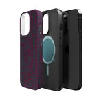 Slim Protective Phone Case With MagSafe, Dual-Layer Impact Protection, Plum Geometric Design, modern interior display of the phone case with dual-camera cutout; slim protective iphone 16 promax  case.