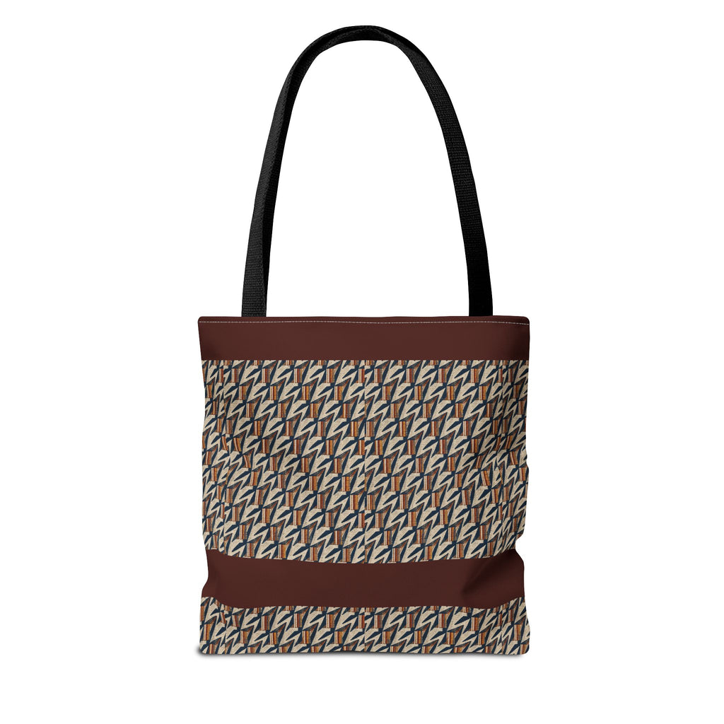 Geometric Retro Stripe Tote Bag – Vintage Brown Patterned AOP Tote showing its structured brown geometric design, large everyday cotton tote