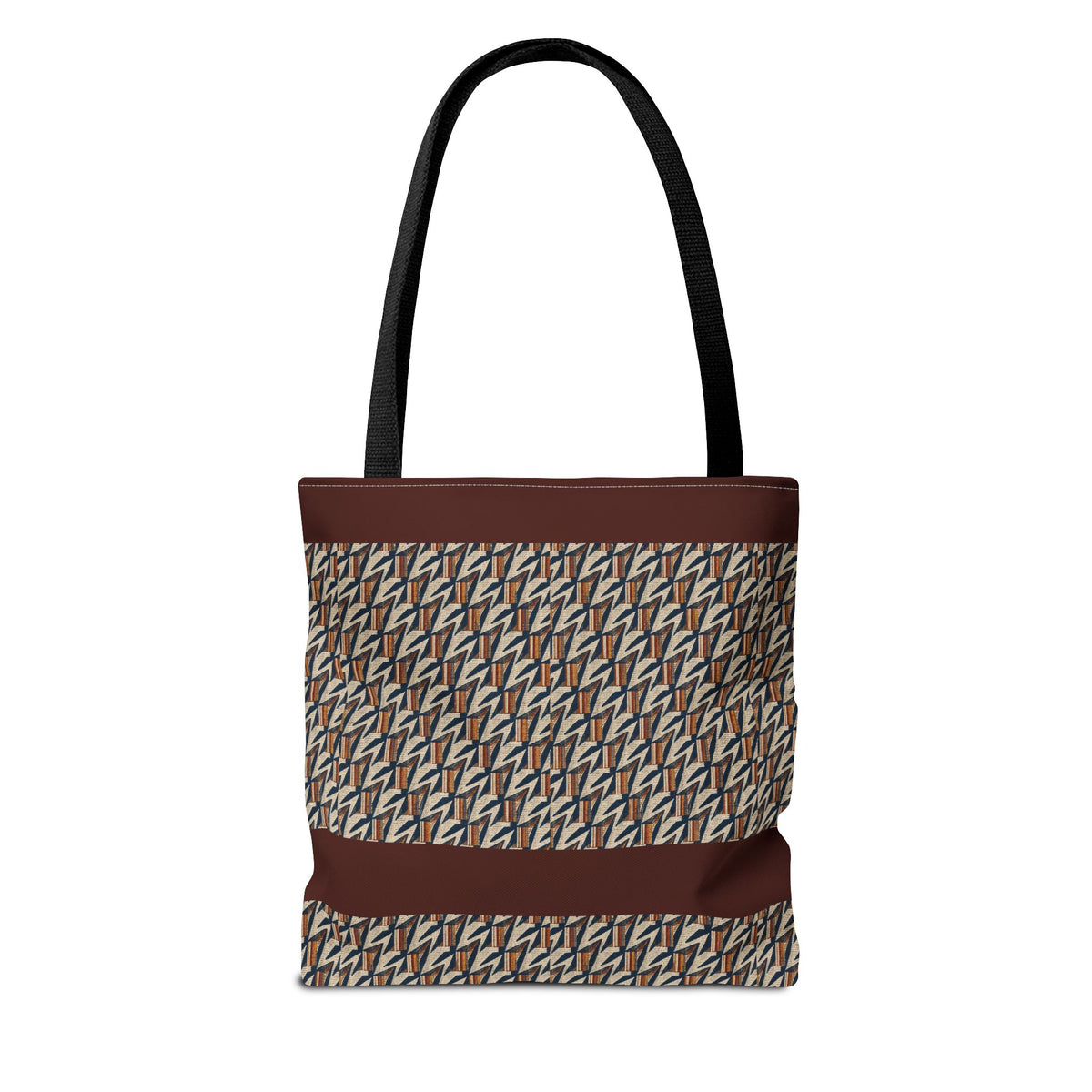 Geometric Retro Stripe Tote Bag – Vintage Brown Patterned AOP Tote showing its structured brown geometric design, large everyday cotton tote