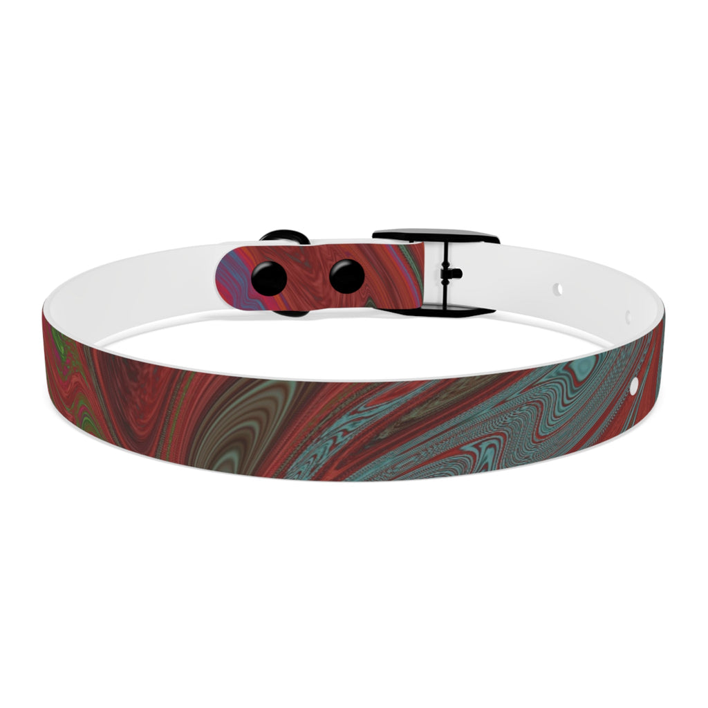 Close look at the silver buckle on the Marbled Swirl Dog Collar — Red & Teal Abstract Pet Collar, showcasing its hypoallergenic dog collar features.
