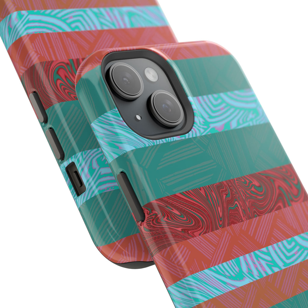 Striped Teal & Coral Magnetic Impact Phone Case camera detail with colorful marbled pattern, Fractyl magsafe compatible iphone 18 pro max case