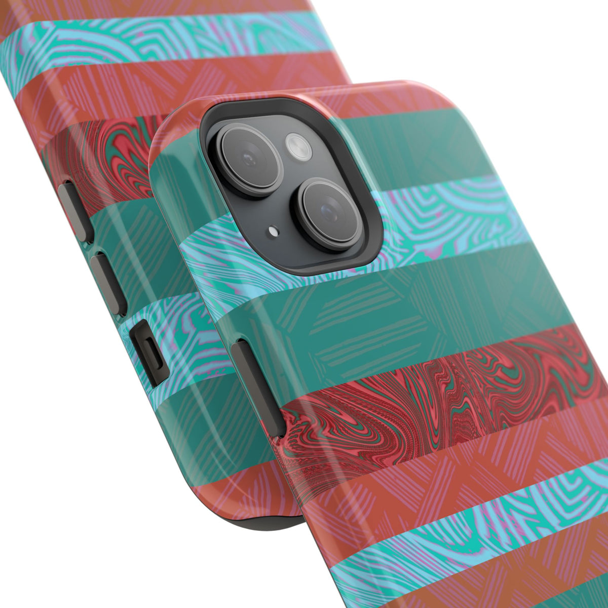 Striped Teal & Coral Magnetic Impact Phone Case camera detail with colorful marbled pattern, Fractyl magsafe compatible iphone 18 pro max case