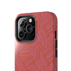 Tough Phone Case — Geometric Coral Pattern Protective Cover, shockproof iphone 18 pro case with dual-camera opening in a lifestyle setting
