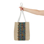 Boho Geometric Everyday Patterned Canvas Tote Bag With Reinforced Handles, 3 Sizes, held by hand with white handles and a blue and tan geometric design. Patterned canvas tote with art tote, beige bag, bohemian bag, boho tote, canvas tote, eco shopping, everyday tote, gift for her, market bag, neutral tote, printed tote, summer tote, and tribal tote styling.