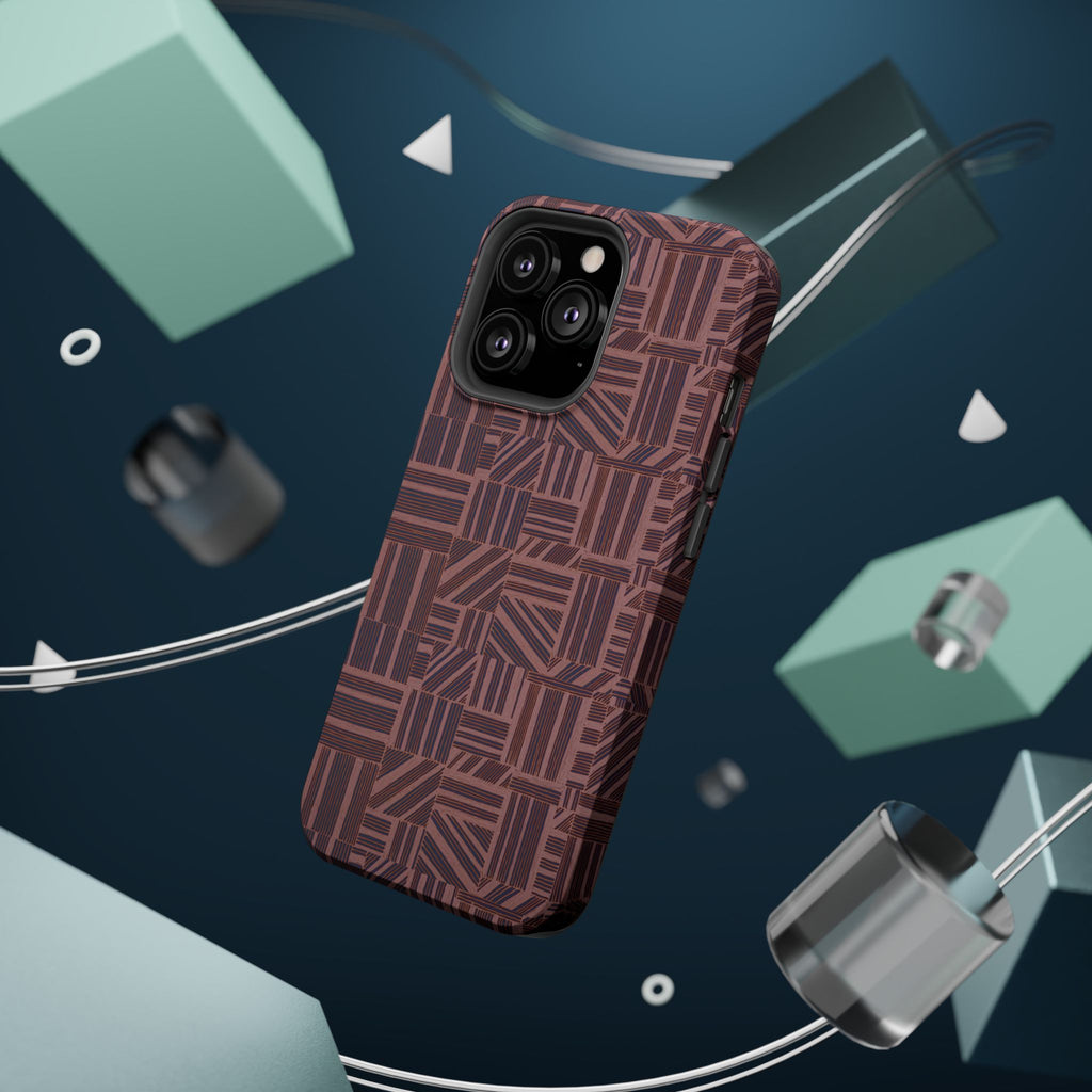 MagSafe Impact Resistant Phone Case - Geometric Brown Pattern, Dual-Layer Protection, close-up of geometric printed shell; impact resistant iphone 17 pro max case