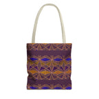 Bohemian Geometric Pattern Tote Bag — Purple & Gold All-Over Print, cream-handle printed canvas tote for stylish everyday carrying