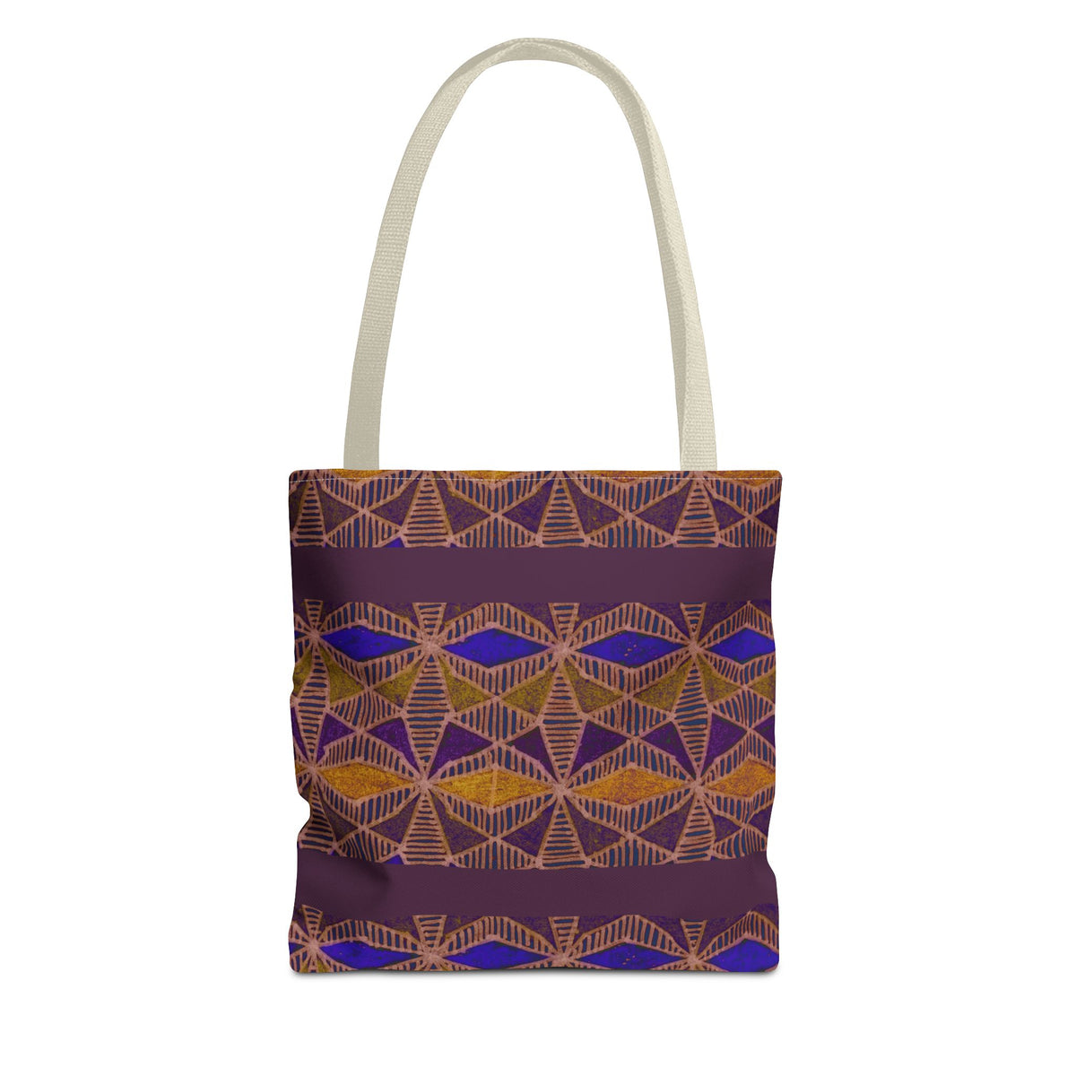 Bohemian Geometric Pattern Tote Bag — Purple & Gold All-Over Print, cream-handle printed canvas tote for stylish everyday carrying