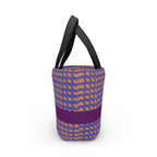 Charming insulated lunch bag with a geometric purple and orange striped pattern, designed for everyday use. Perfect for school lunches, office lunch, or stylish kids lunch, this reusable bag also makes for a practical picnic tote.