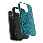 Teal Geometric Tough Phone Case — Durable Protective Phone Case with Modern Stripe Pattern, close-up of raised camera bezel on a shockproof iphone 18 pro max case