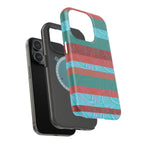 Striped Teal & Coral Magnetic Impact Phone Case angled lifestyle product shot, Fractyl magsafe compatible iphone 18 pro max case