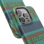 Green Geometric Stripe Phone Case — Impact-Resistant, wireless charging iphone 16 pro max case shown floating among metallic abstract elements.