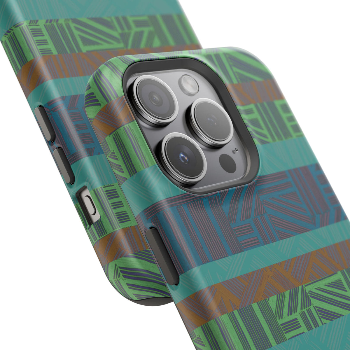 Green Geometric Stripe Phone Case — Impact-Resistant, wireless charging iphone 16 pro max case shown floating among metallic abstract elements.