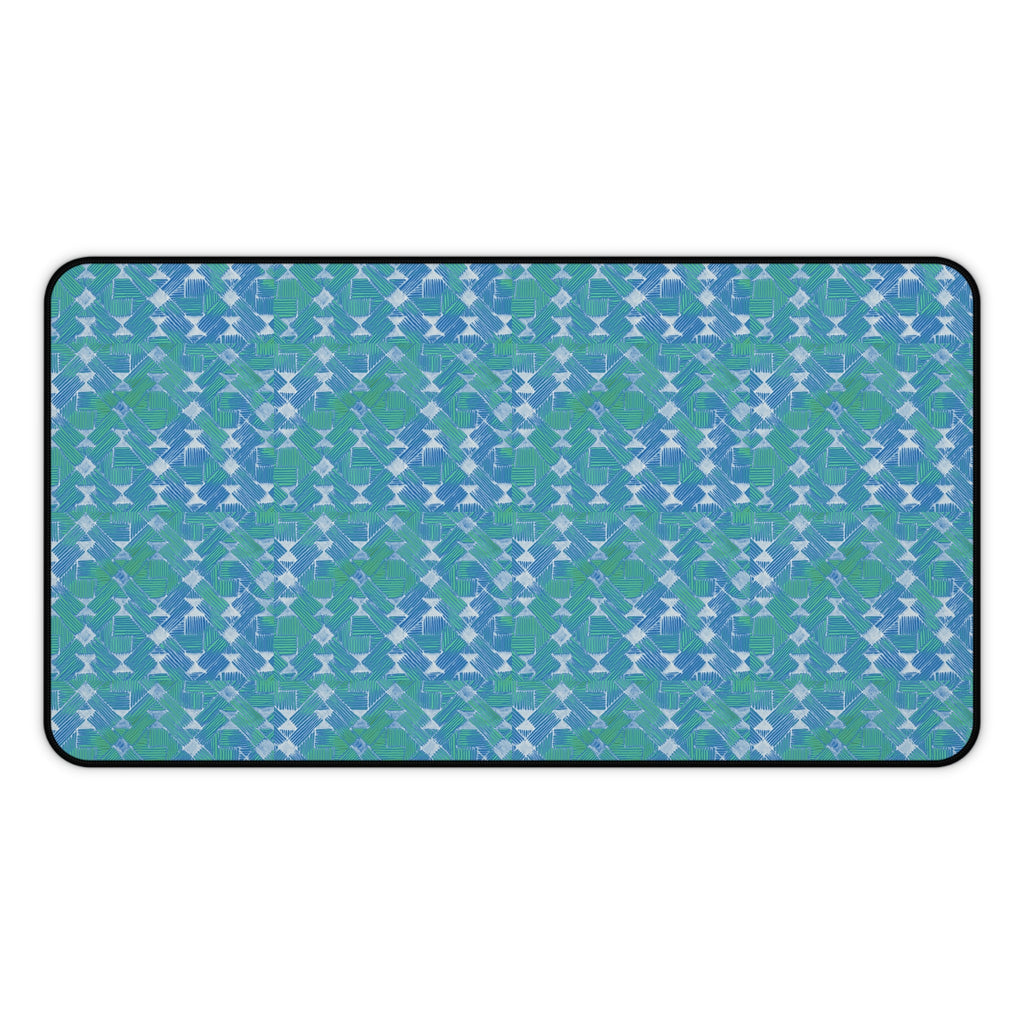 Blue Green Abstract Waves Desk Mat — Patterned Office Mousepad, wide large desk mat featuring a calming blue and green abstract wave design