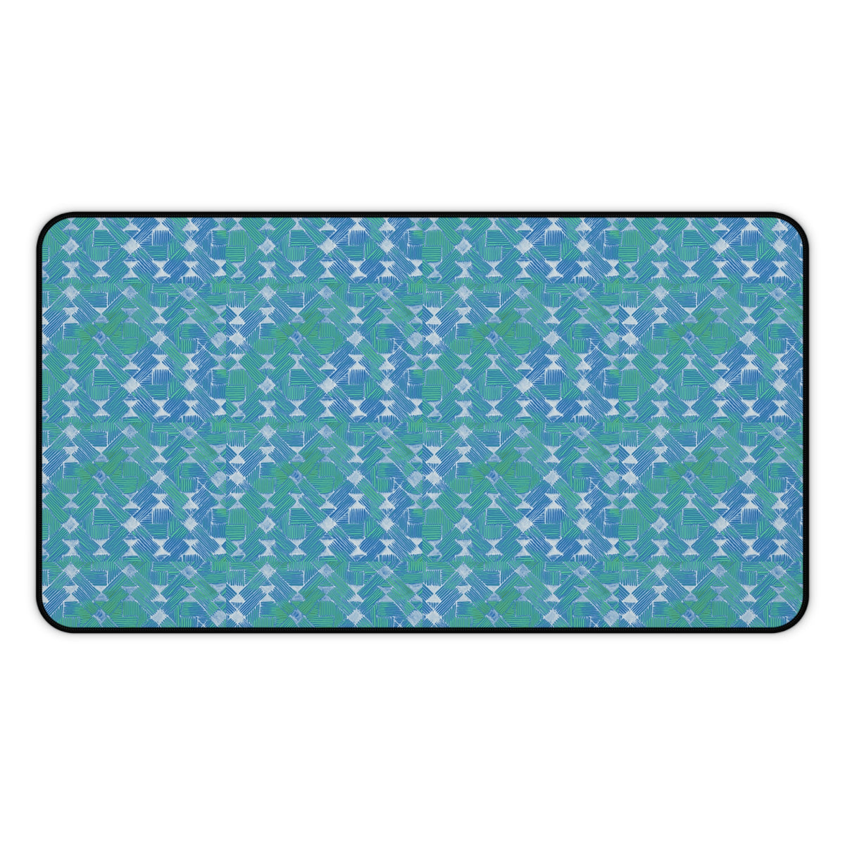 Blue Green Abstract Waves Desk Mat — Patterned Office Mousepad, wide large desk mat featuring a calming blue and green abstract wave design