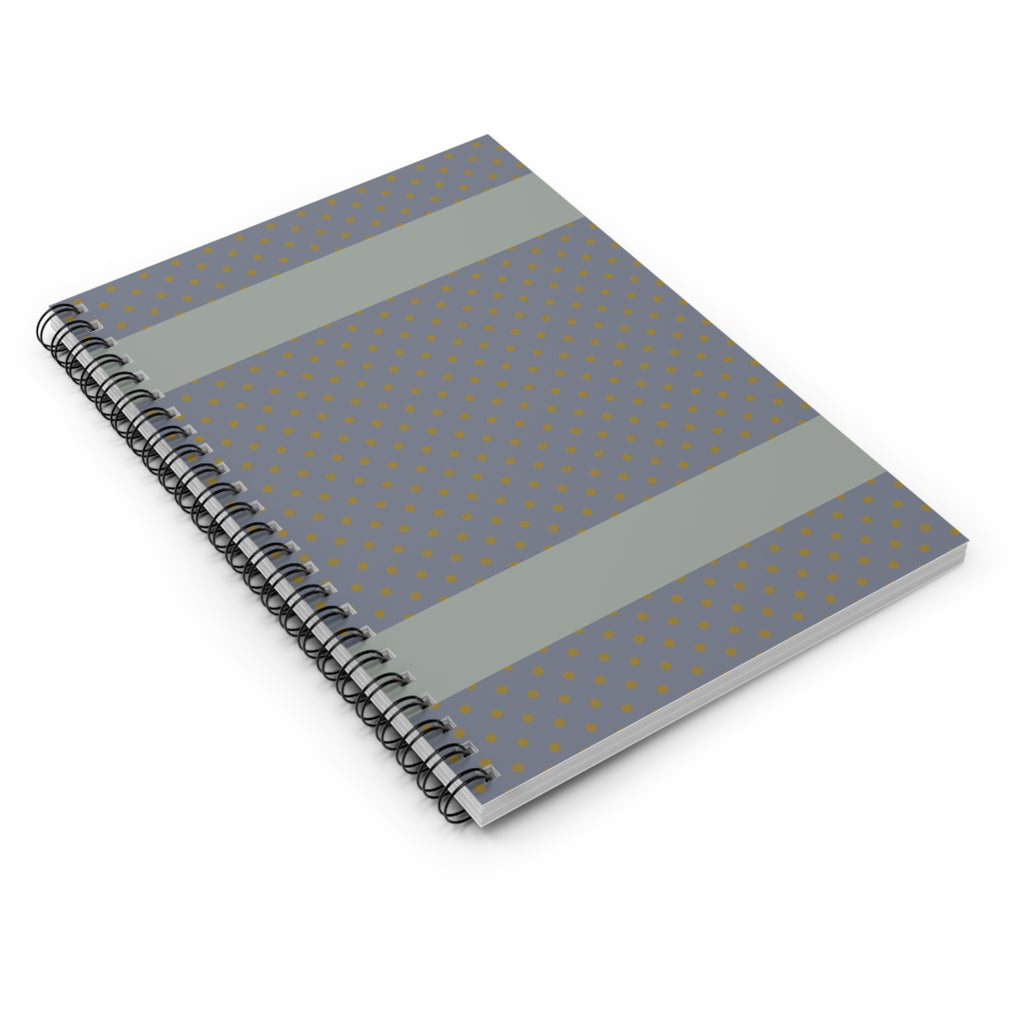 Angled view of Grey Polka Dot Spiral Notebook – a compact writing notebook showcasing its elegant dot pattern. This minimal notebook serves as an everyday journal and is an excellent gift for students in need of a neutral journal for school or work.