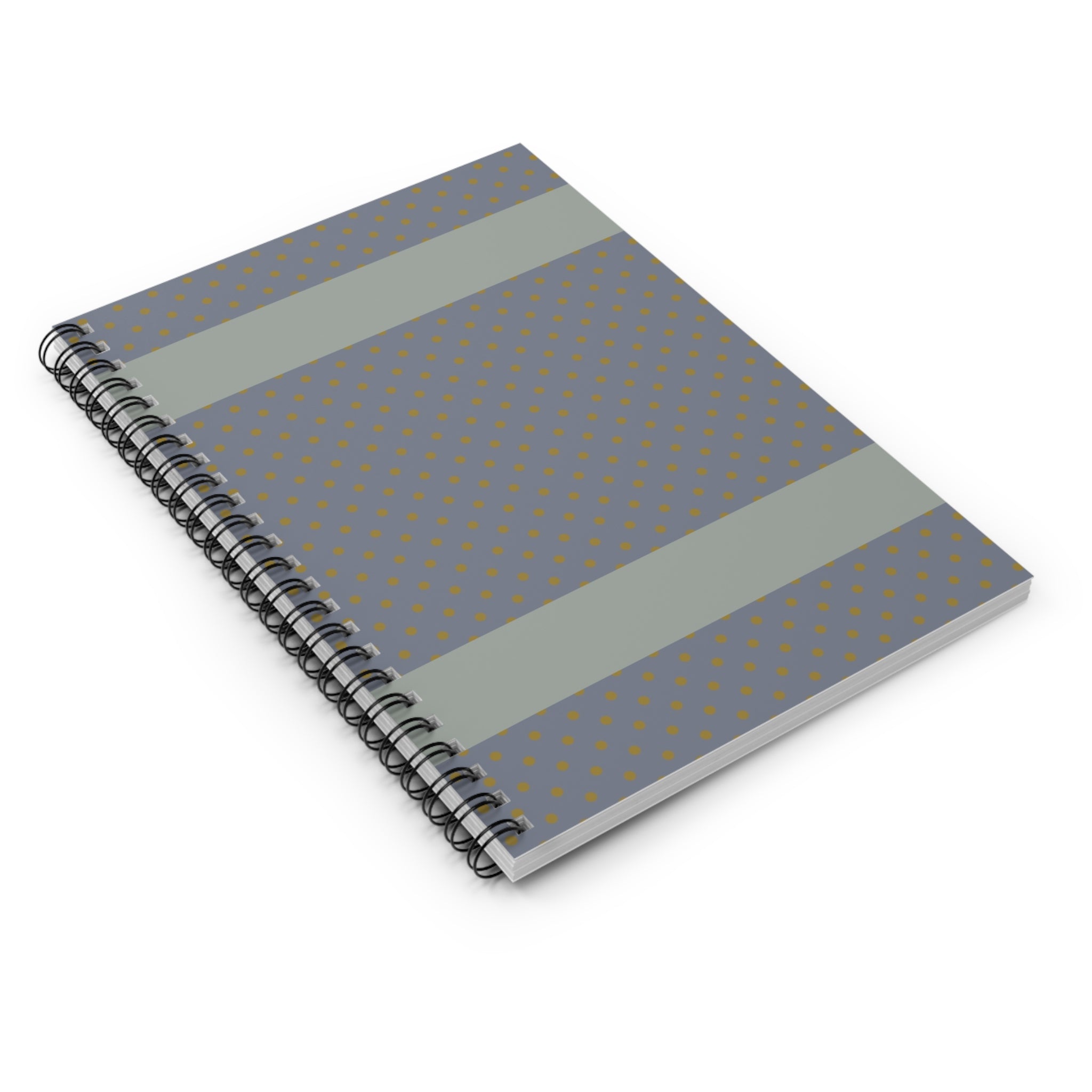 Angled view of Grey Polka Dot Spiral Notebook – a compact writing notebook showcasing its elegant dot pattern. This minimal notebook serves as an everyday journal and is an excellent gift for students in need of a neutral journal for school or work.