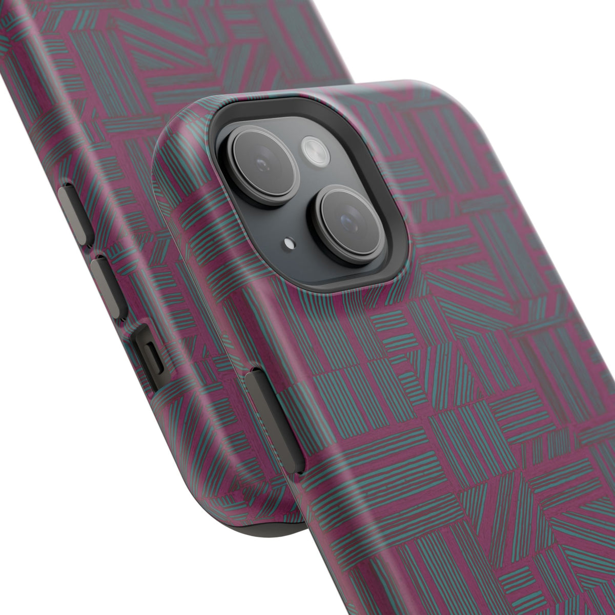 Slim Protective Phone Case With MagSafe, Dual-Layer Impact Protection, Plum Geometric Design, exploded view of a triple-camera phone with magnetic protective case layers; slim protective iphone 16 promax  case.