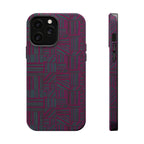 Slim Protective Phone Case With MagSafe, Dual-Layer Impact Protection, Plum Geometric Design, shown around a multi-camera smartphone with raised edges; slim protective iphone 16 promax  case.