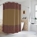 Earth Tone Striped Shower Curtain draped elegantly around a tub, portraying its textured fabric shower curtain waterproof features. With its warm earth tones, it provides a seamless fit for neutral bathrooms and serves as an ideal red accent curtain for a refined rustic shower ambiance.