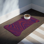 An elegant Pet Feeding Mat in a wood grain print on a wooden floor, promoting a chic feeding space for pets. This memory foam dog mat not only serves as a stylish dog placemat but also as a versatile cat placemat. This non-slip mat ensures stability while looking great in any home decor.
