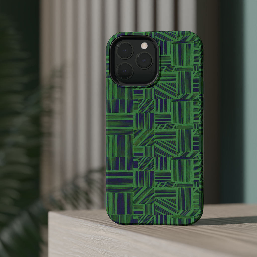 Green Magnetic Phone Case — 2-Layer Geometric MagSafe-Compatible Impact-Resistant Cover, green magnetic phone case- price match with CASETiFY and Casely, side profile highlighting slim impact-resistant construction.