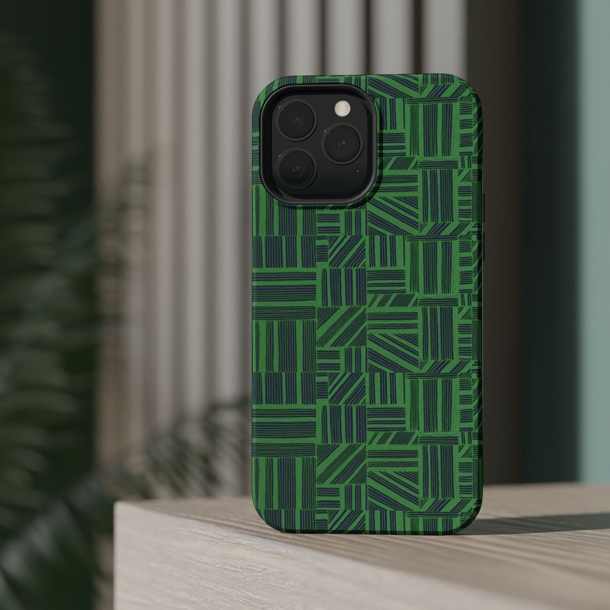 Green Magnetic Phone Case — 2-Layer Geometric MagSafe-Compatible Impact-Resistant Cover, green magnetic phone case- price match with CASETiFY and Casely, side profile highlighting slim impact-resistant construction.