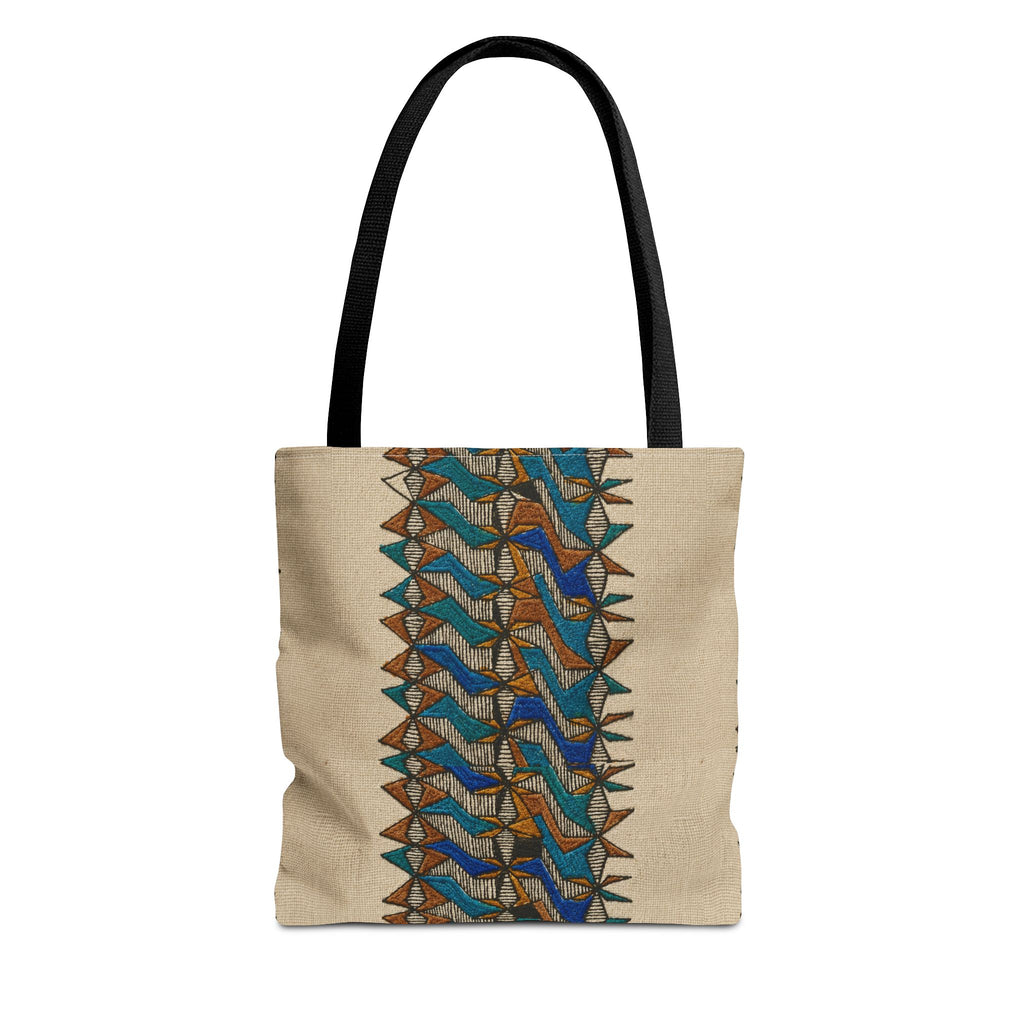 Boho Geometric Everyday Patterned Canvas Tote Bag With Reinforced Handles, 3 Sizes, featuring a blue and tan geometric pattern, black handles, and a neutral design. Patterned canvas tote with art tote, beige bag, bohemian bag, boho tote, canvas tote, eco shopping, everyday tote, gift for her, market bag, neutral tote, printed tote, summer tote, and tribal tote style.