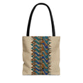 Boho Geometric Everyday Patterned Canvas Tote Bag With Reinforced Handles, 3 Sizes, featuring a blue and tan geometric pattern, black handles, and a neutral design. Patterned canvas tote with art tote, beige bag, bohemian bag, boho tote, canvas tote, eco shopping, everyday tote, gift for her, market bag, neutral tote, printed tote, summer tote, and tribal tote style.