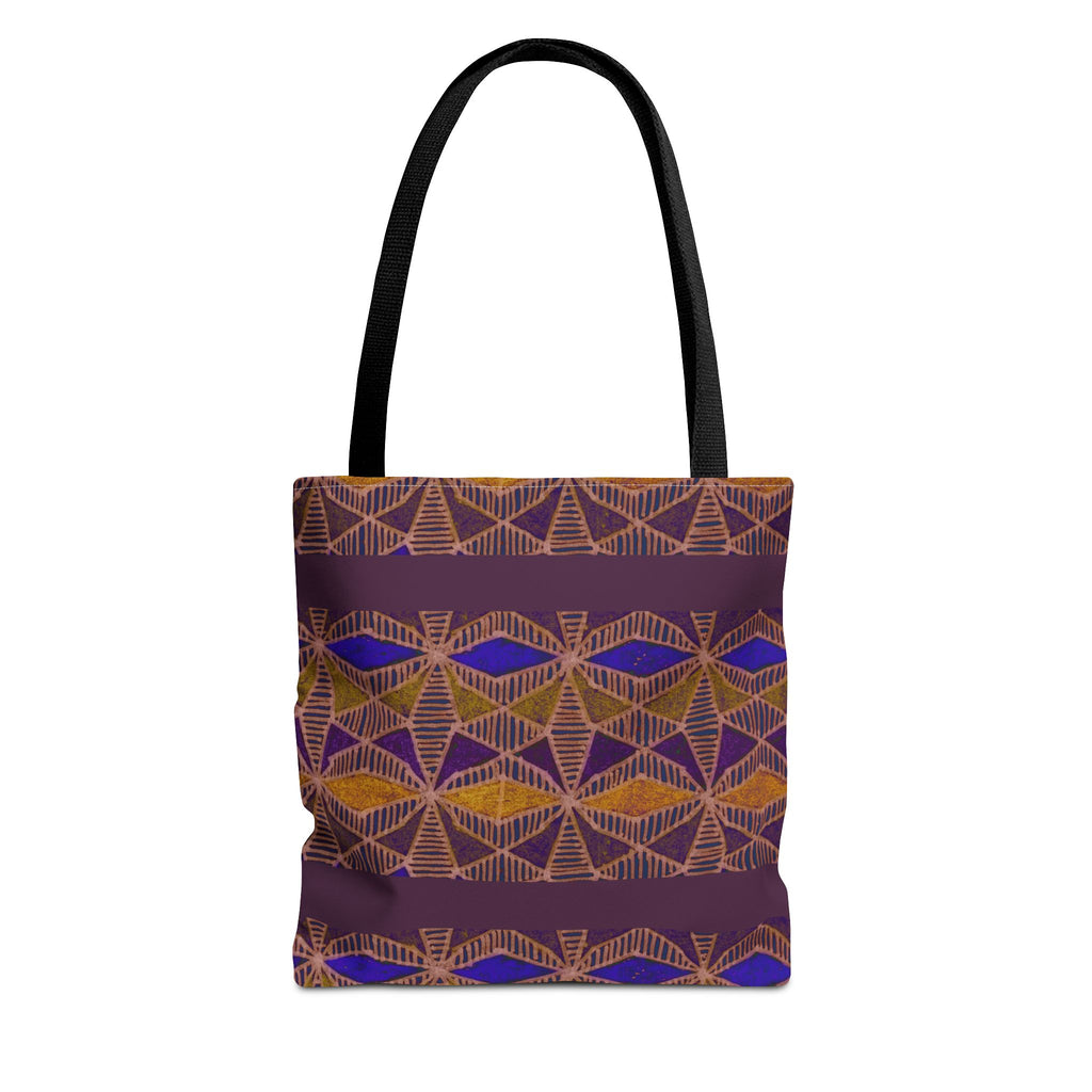 Bohemian Geometric Pattern Tote Bag — Purple & Gold All-Over Print, black-handle printed canvas tote with colorful geometric design