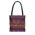 Bohemian Geometric Pattern Tote Bag — Purple & Gold All-Over Print, black-handle printed canvas tote with colorful geometric design