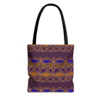 Bohemian Geometric Pattern Tote Bag — Purple & Gold All-Over Print, black-handle printed canvas tote with colorful geometric design