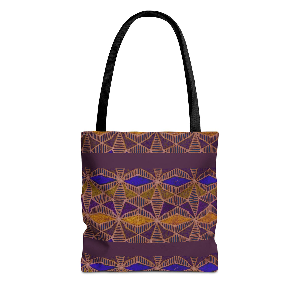 Bohemian Geometric Pattern Tote Bag — Purple & Gold All-Over Print, black-handle printed canvas tote with colorful geometric design