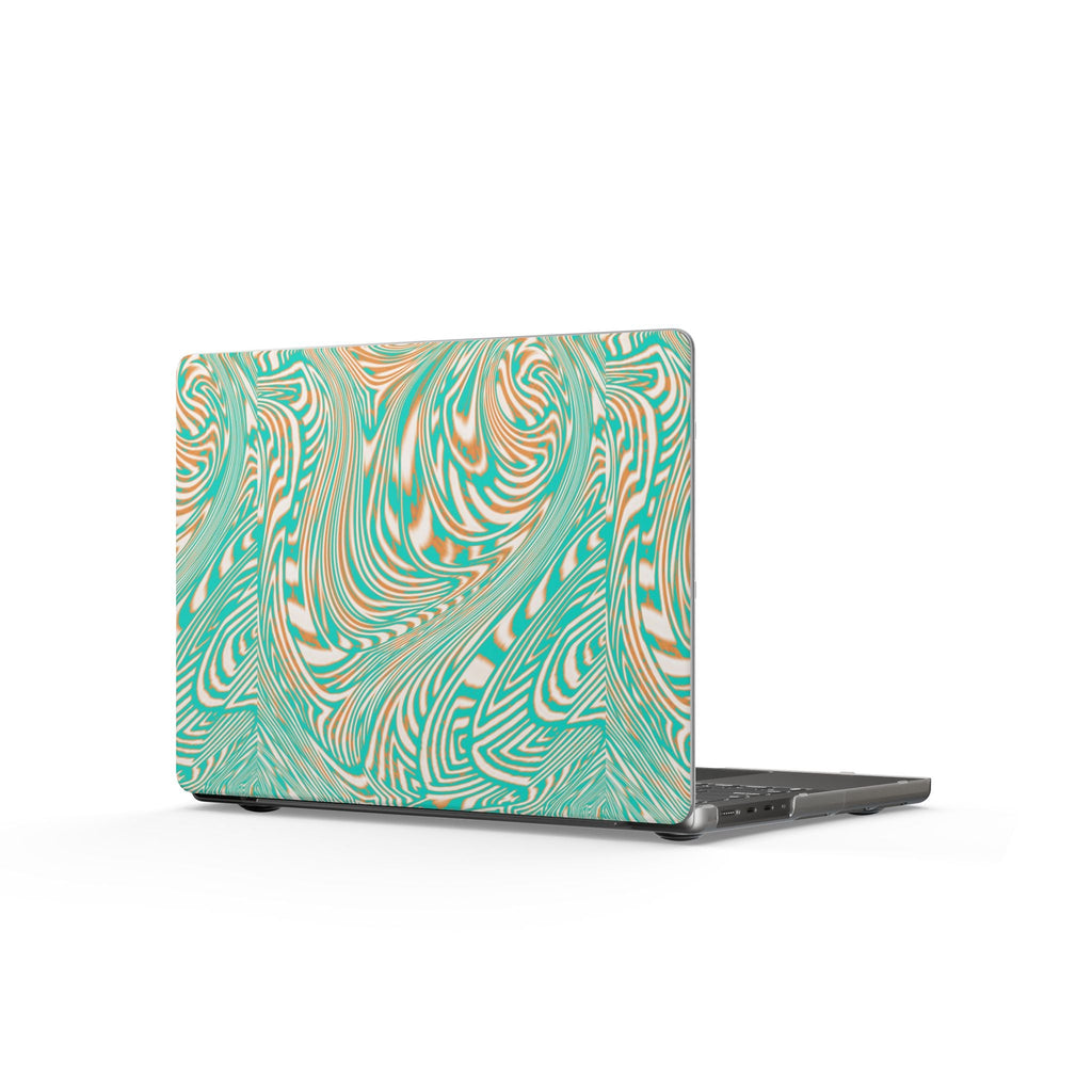 Detailed view of the Marbled Teal Matte MacBook Case displaying its vibrant swirl design, serving as an elegant scratch-resistant MacBook cover.