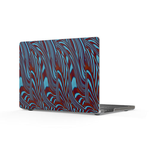 Abstract MacBook Skin - Blue And Maroon Swirl Matte Protective Case For M1 & M2 Models, abstract macbook pro M1&M2 skin shown on an open MacBook with a bold blue and maroon patterned design