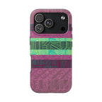 Fractyl glossy protective iphone 18 pro max case, Geometric Stripes Tough Phone Case — Purple & Teal Tribal Pattern, angled three-quarter view