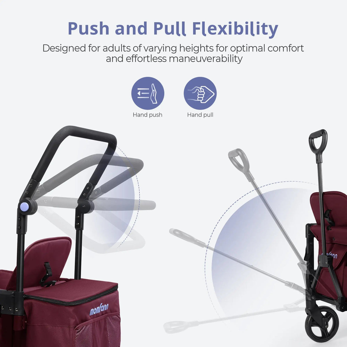 Momfann 2-Seater All-Terrain Stroller Wagon for Kids demonstrating adjustable push and pull handles in red, momfann 2 seater folding stroller wagon, Momfann, Shopify Collective.