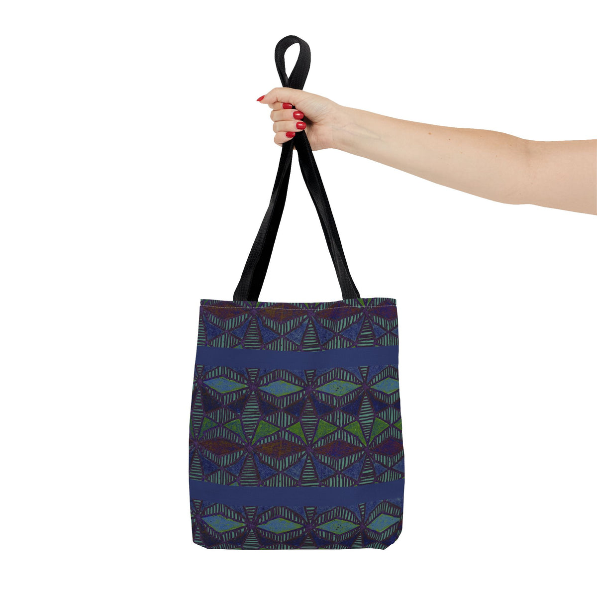 Geometric Indigo Printed Canvas Market Tote With Reinforced Handles And Boxed Corners, large cotton tote with burgundy handles