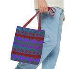 Geometric Heart Pattern Tote Bag — Vintage Tribal All-Over Print, model carrying a geometric canvas tote bag with burgundy handles