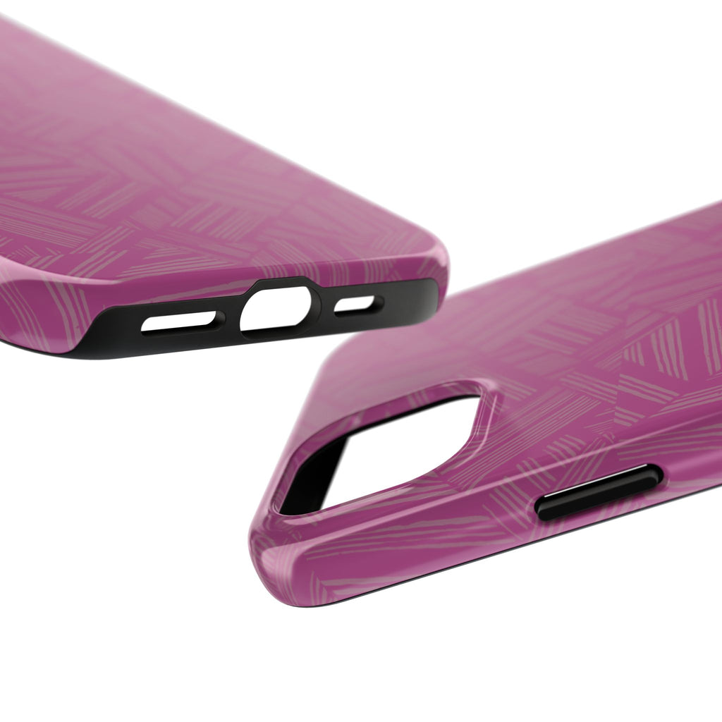 Magenta Geo Pattern Tough Phone Case — Protective Floral-Style Abstract Design, wireless charging iphone 18 pro case showing bottom charging and speaker openings.