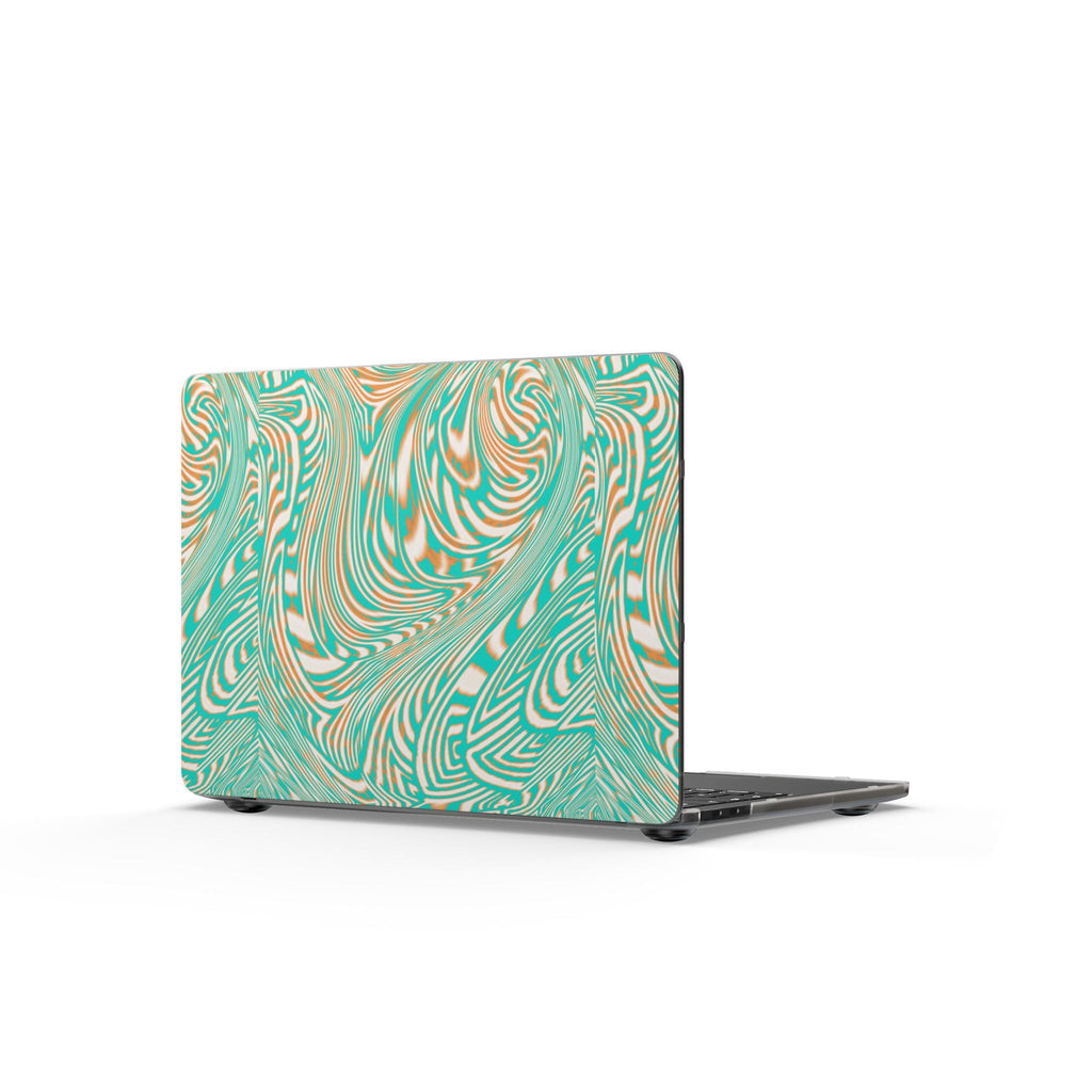 Close-up of the Marbled Teal Matte MacBook Case featuring an artistic swirl pattern, an ideal scratch-resistant MacBook cover for modern aesthetics.
