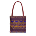 Bohemian Geometric Pattern Tote Bag — Purple & Gold All-Over Print, burgundy-handle printed canvas tote with roomy everyday design