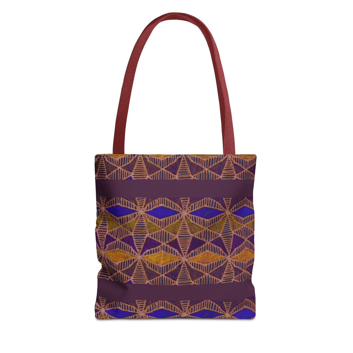 Bohemian Geometric Pattern Tote Bag — Purple & Gold All-Over Print, burgundy-handle printed canvas tote with roomy everyday design