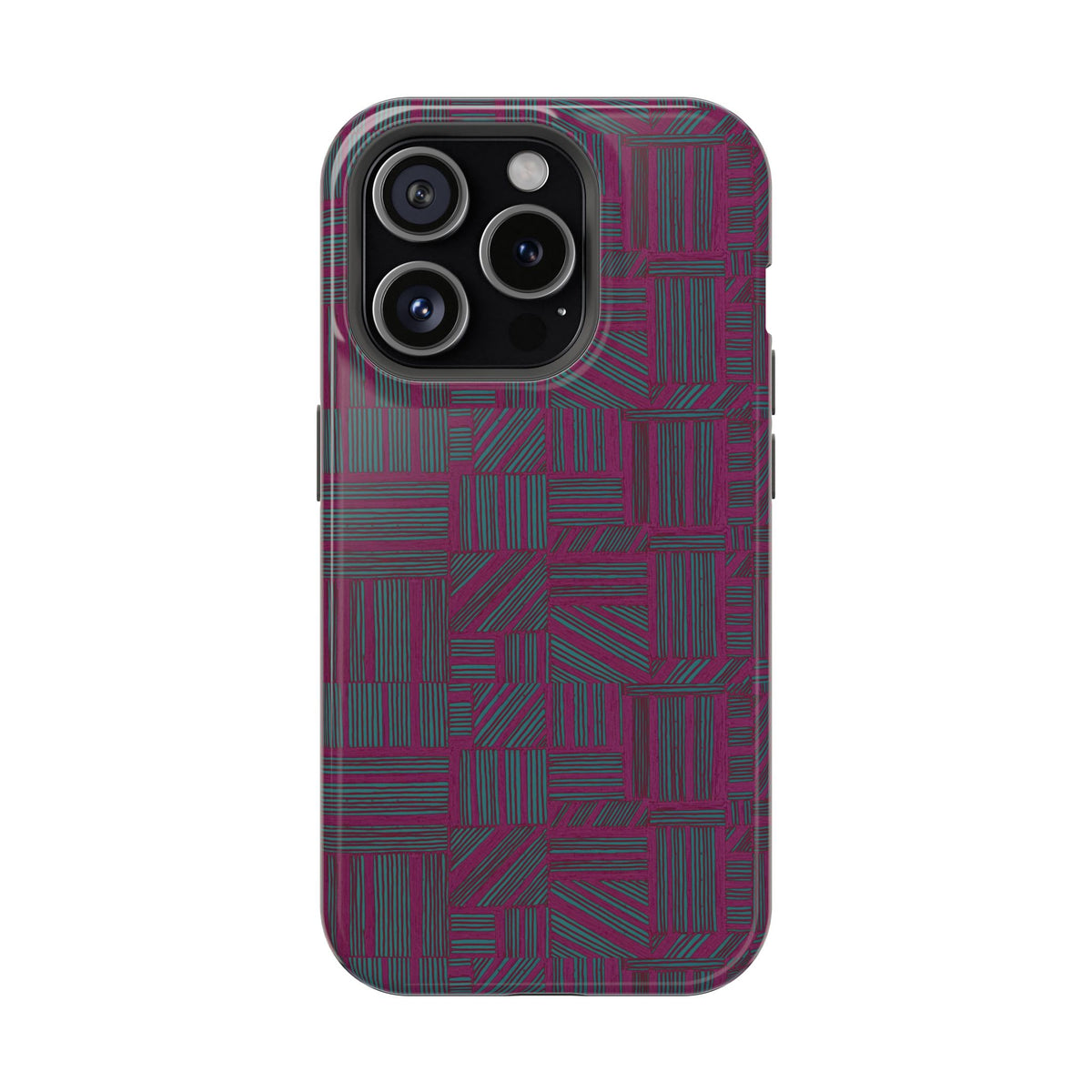 Slim Protective Phone Case With MagSafe, Dual-Layer Impact Protection, Plum Geometric Design, close-up rear view with precise camera opening; slim protective iphone 16 promax  case.