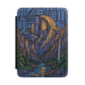Mountain Mosaic Kindle Case — Geometric Wilderness E-Reader Cover, a 7 inch paperwhite case featuring colorful geometric mountain, evergreen, and river artwork.